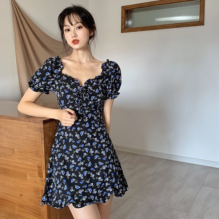 Đầm chiffon tay phồng cổ chữ V họa tiết hoa phong cách retro xinh xắn thời trang cho nữ