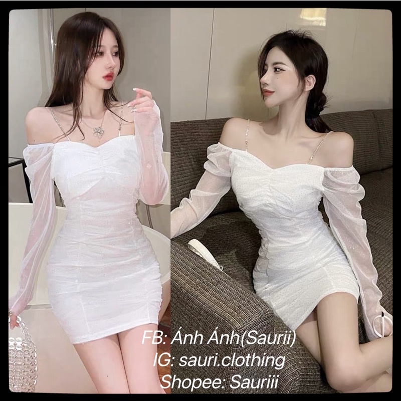 SẴN🖤Đầm ôm body sequin kim sa bling bling trễ vai ngắn sang chảnh/Đầm đi tiệc lấp lánh hở lưng đan dây sexy quyến rũ