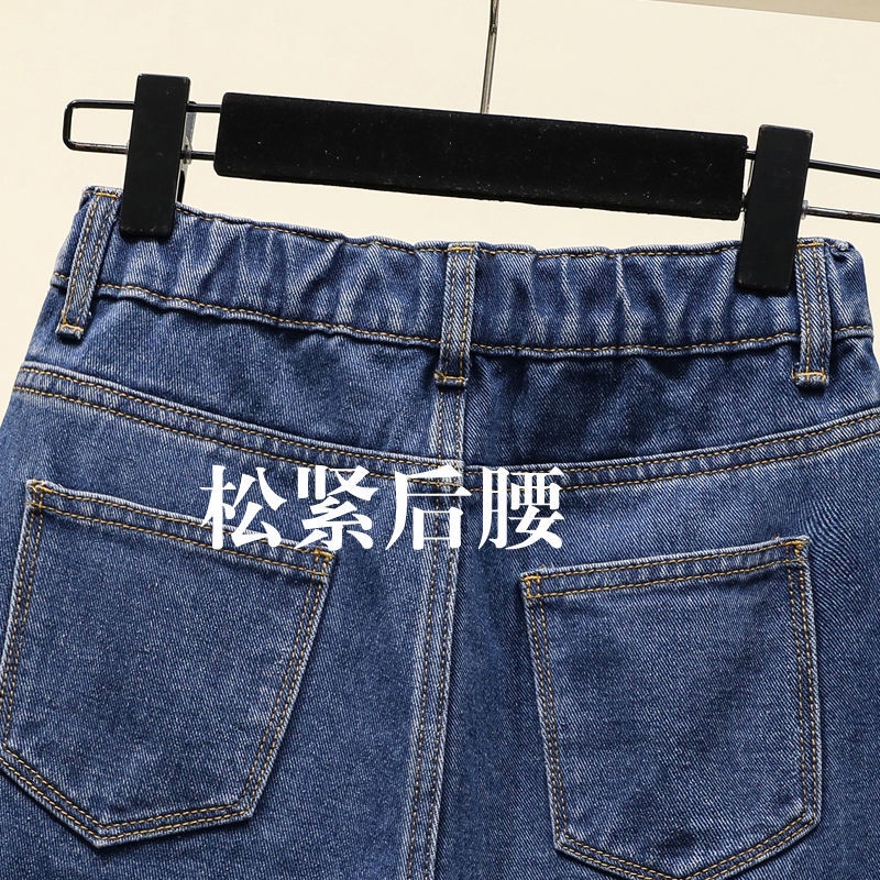 Quần short denim ống rộng lưng thun co giãn đính hạt cườm size lớn mẫu mới năm 2021 dành cho nữ