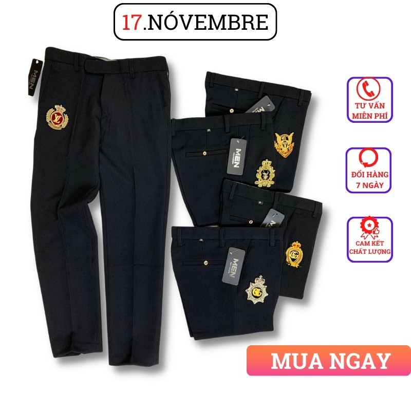 [HÀNG LOẠI 1] quần âu nam đen thêu logo đính đá quần ống côn hàn quốc vải không nhăn co dãn nhẹ
