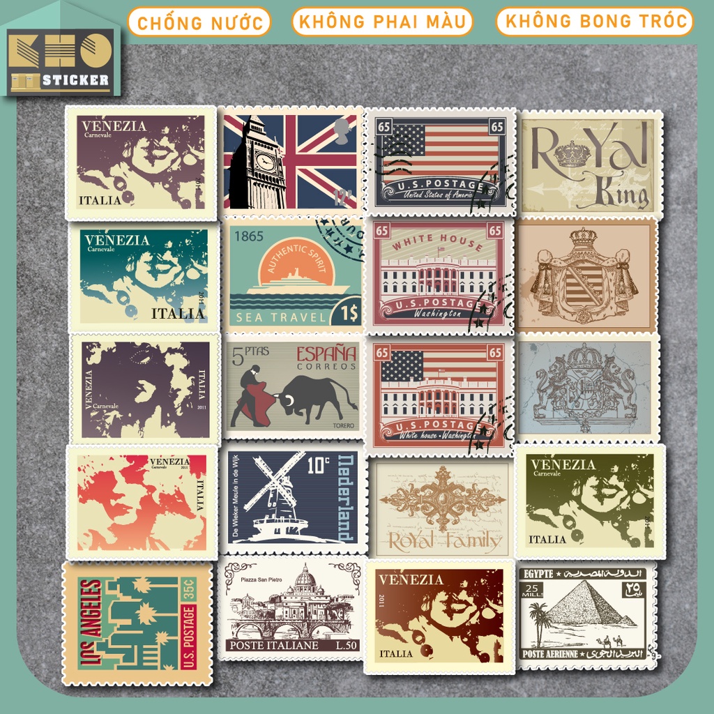 Nguyên bộ 50 Sticker Vintage Stamp chống nước sticker dán laptop, điện thoại, đàn guitar, mũ bảo hiểm, vali. MSP: ST45