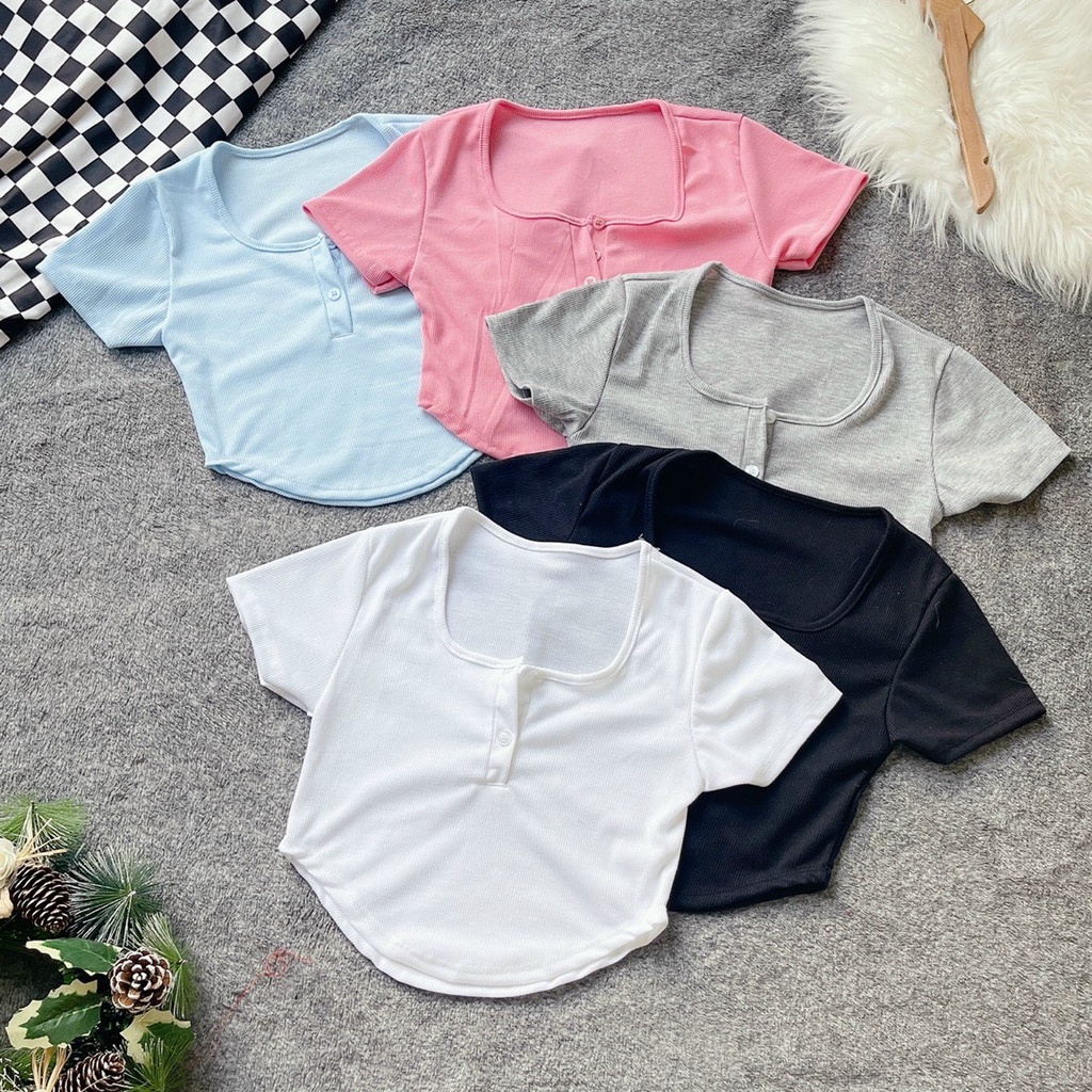 Áo kiểu tay ngắn cổ vuông cài nút vạt bầu xinh ôm dáng croptop sexy NU27