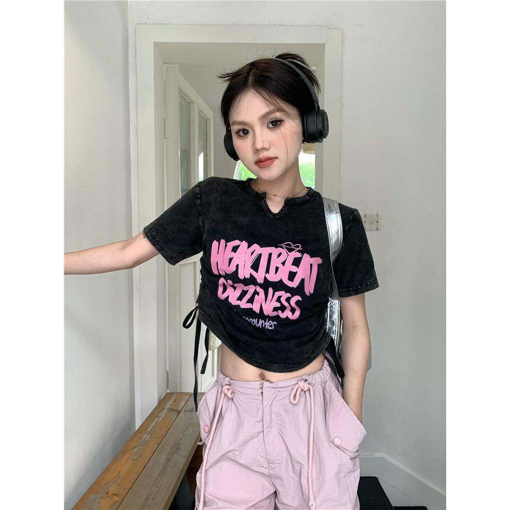 64189 Áo Thun Dây Rút Ngắn Phong Cách Đau Khổ