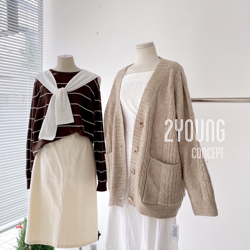 [2YOUNG] [ẢNH THẬT SHOP CHỤP] Áo cardigan len vặn thừng dọc áo, 2 túi bụng A1440