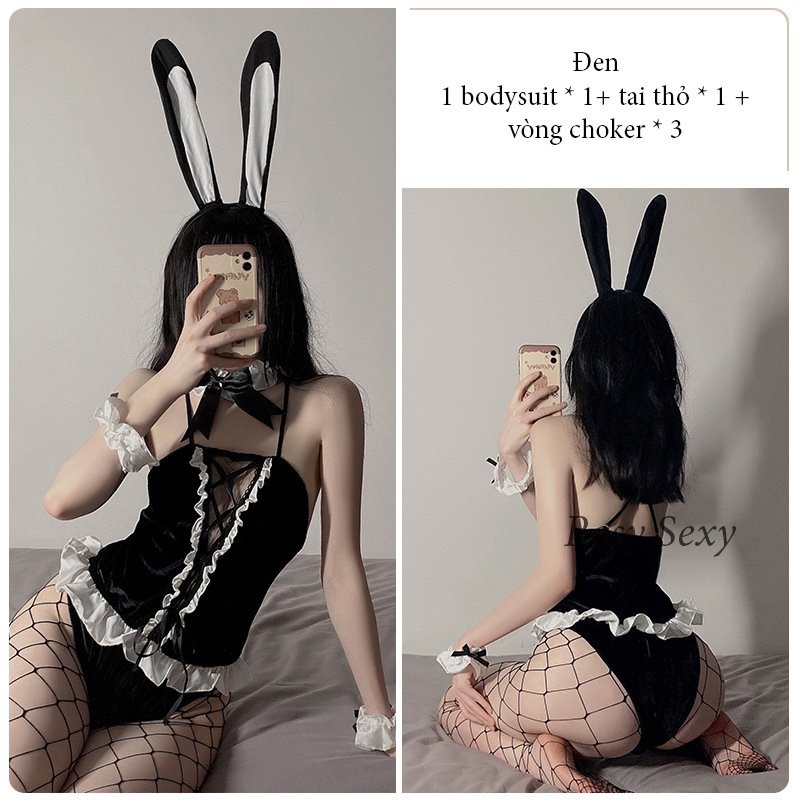 Bodysuit nhung sexy đan dây ngực cosplay thỏ bunny mlem mlem CP1K76