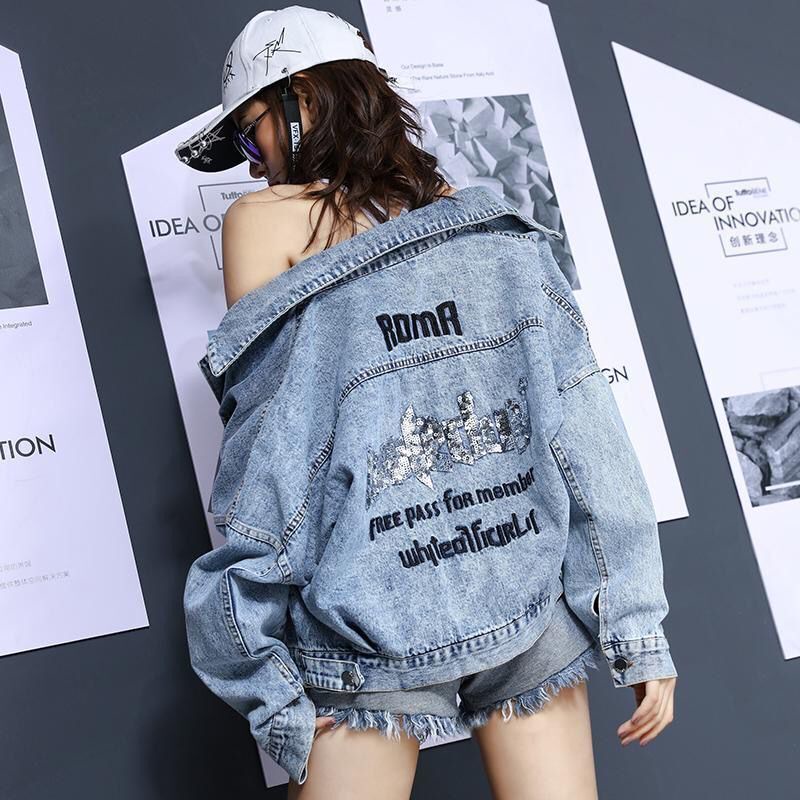 Aqinsao Áo Khoác Denim Dáng Rộng Thêu Họa Tiết Đính Kim Sa Sau Lưng Phong Cách Hàn Quốc Dành Cho Nữ