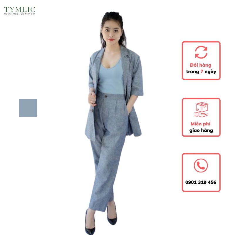 SET Áo Vest Kết Hợp Quần Công Sở Chất Linen Màu Xanh Đá TYMLIC