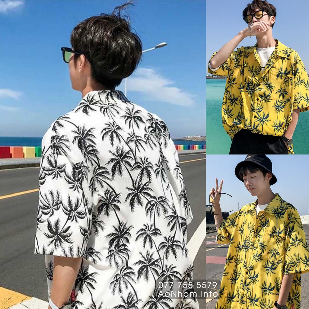 Áo sơ mi đi biển mềm mát - Cây dừa (Đủ size S, M, L, XL, XXL, XXXL, Em Bé)