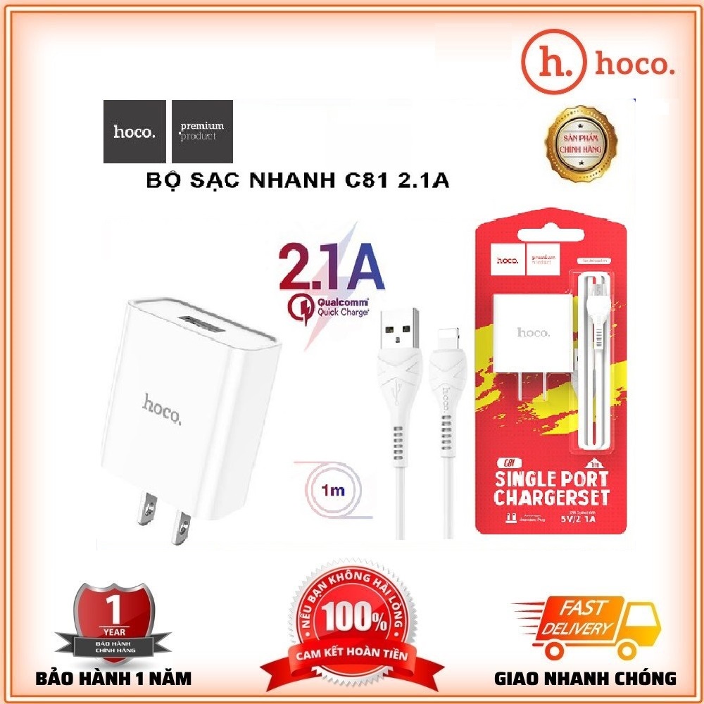 Bộ sạc chính hãng Hoco C81 Kèm Cáp 1m i/Micro USB/Type C hỗ trợ sạc Nhanh 5V/2.1A - Bảo Hành 1 Năm