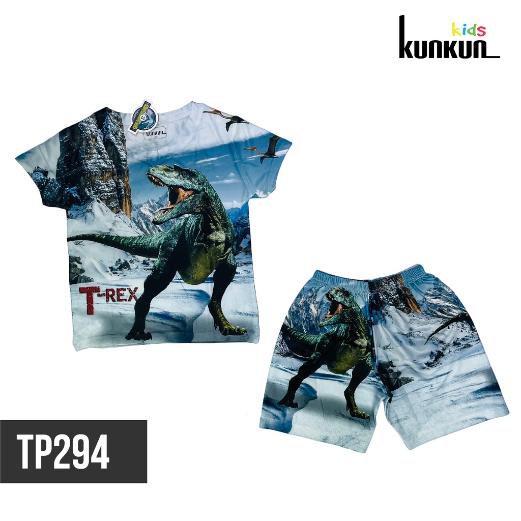 Đồ bộ bé trai thun lạnh co giãn 4 chiều in 3D hình khủng long t-rex size đại từ 10-60kg Kunkun Kid TP294 cao cấp
