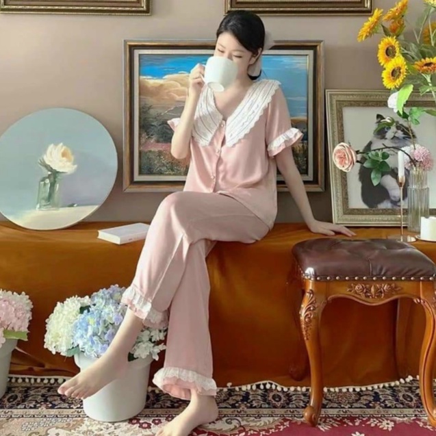 Bộ ngủ lụa nữ,pyjama mặc nhà áo cộc quần dài cổ ren tiểu thư chất lụa latin satin freesize 45-60kg, phù hợp mẹ sau sinh | BigBuy360 - bigbuy360.vn