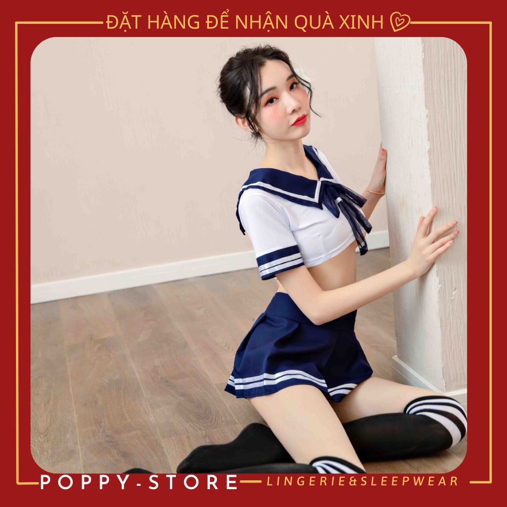 Đồ cosplay sexy gợi cảm nữ sinh nhật bản ,set đồ ngủ cosplay gồm áo croptop và váy kèm quần lọt khe với màu trắng - xanh