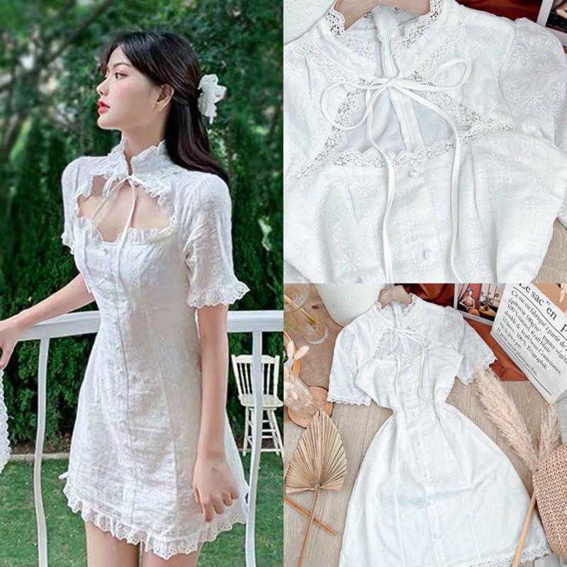 ĐẦM XÔ TRẮNG REN HOA CUT-OUT NGỰC THẮT NƠ