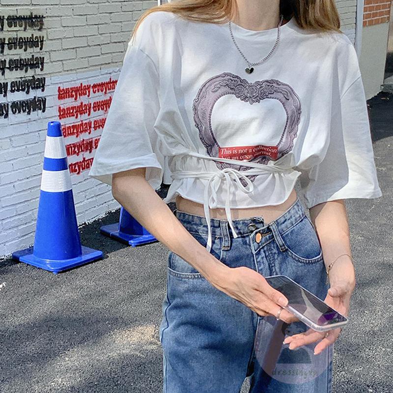 Áo Thun Ngắn Tay Cổ Tròn In Họa Tiết Trái Tim Thời Trang Mùa Hè Cho Nữ