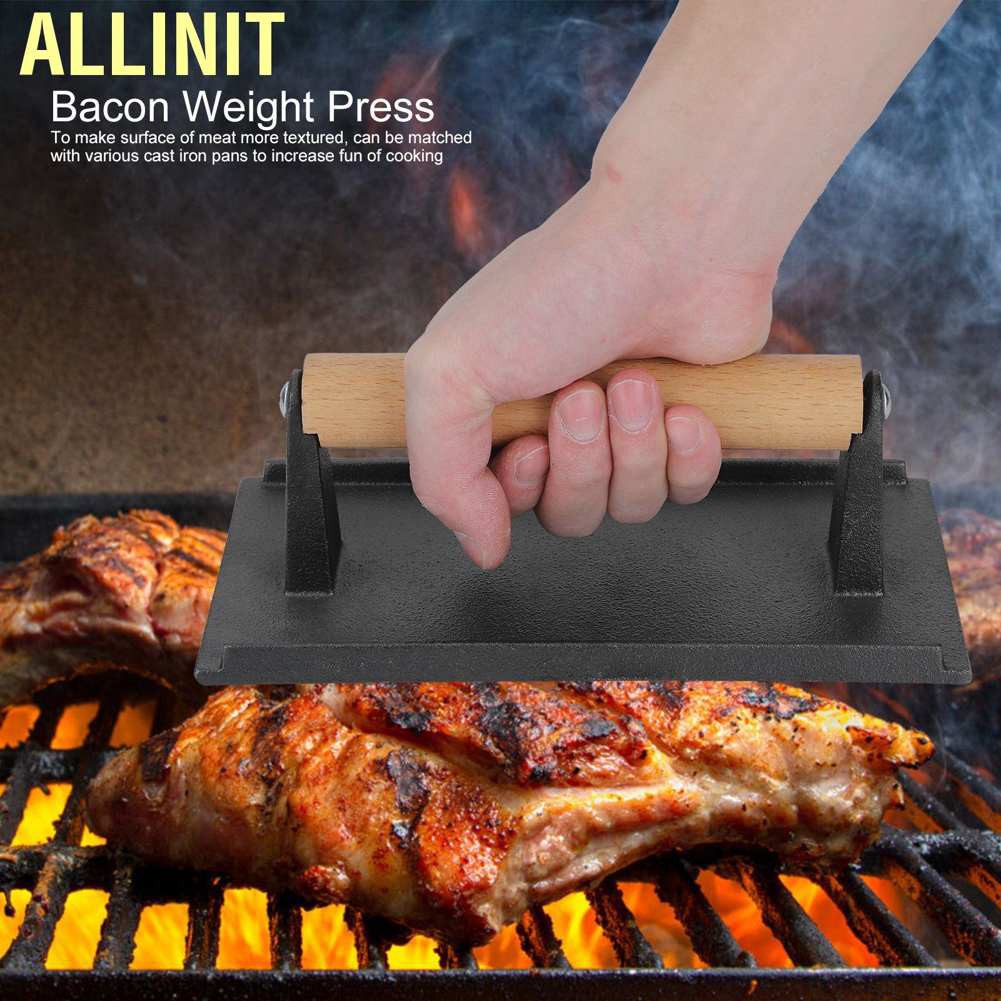 Allinit Cast Iron Grill Press Steak Bacon Weight Barbecue Griddle with Wood Handle