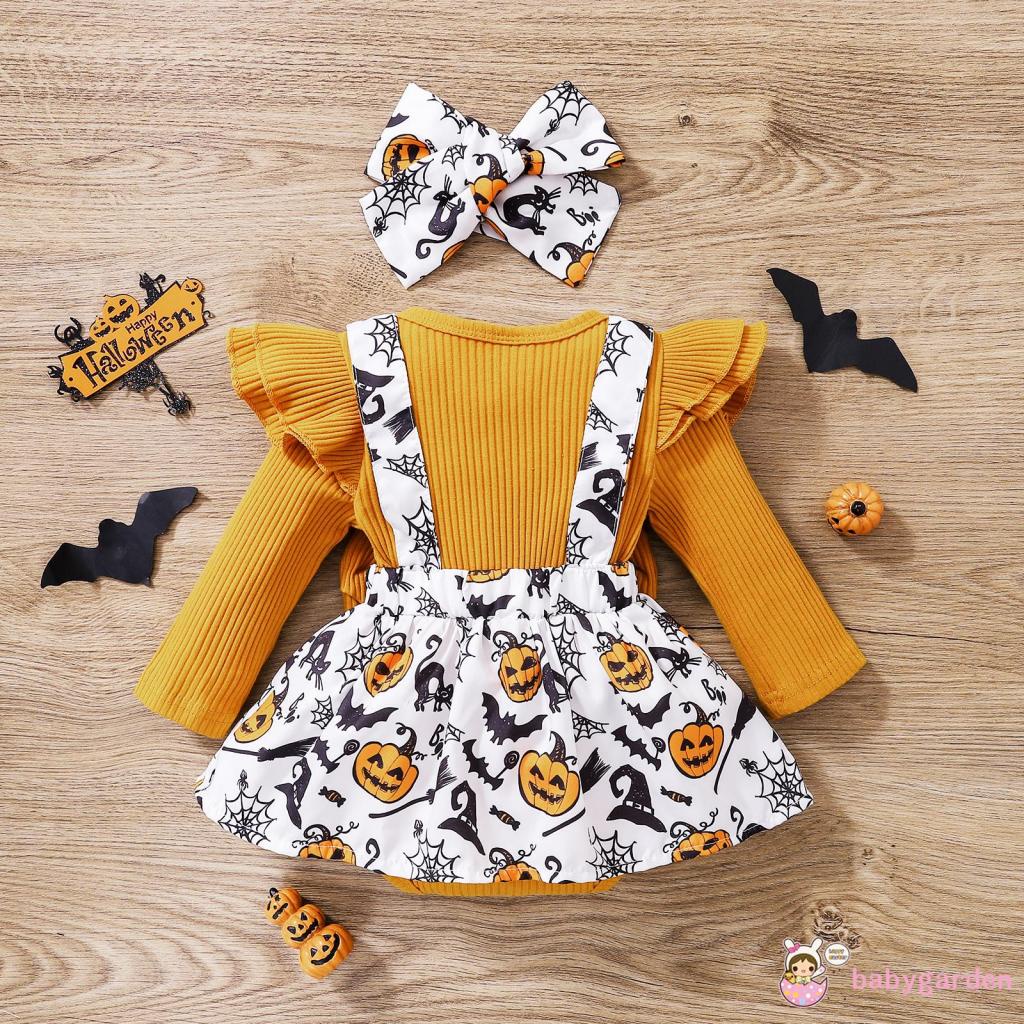 Bộ Áo Liền Quần Tay Dài Có Gân Và Băng Đô In Họa Tiết Bí Ngô Halloween Dành Cho Bé Gái 0-24 Tháng Tuổi