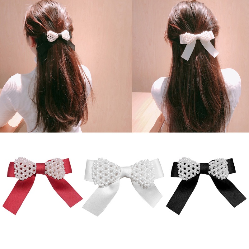 Kẹp Tóc Nơ Đính Ngọc Trai Giả Phong Cách Vintage