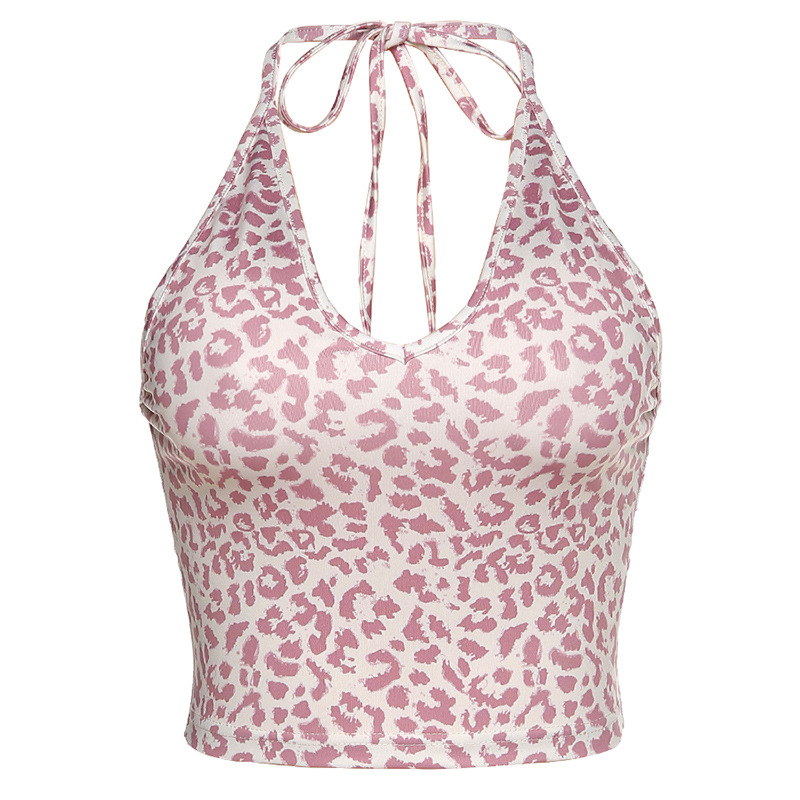 Modou Hot Sell V-neck Leopard Printed Strap Halter Summer Slim Crop Top