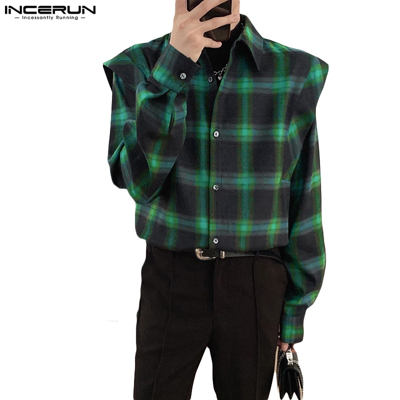 Áo sơ mi nam Incerun dài tay họa tiết caro màu xanh lá cơ bản