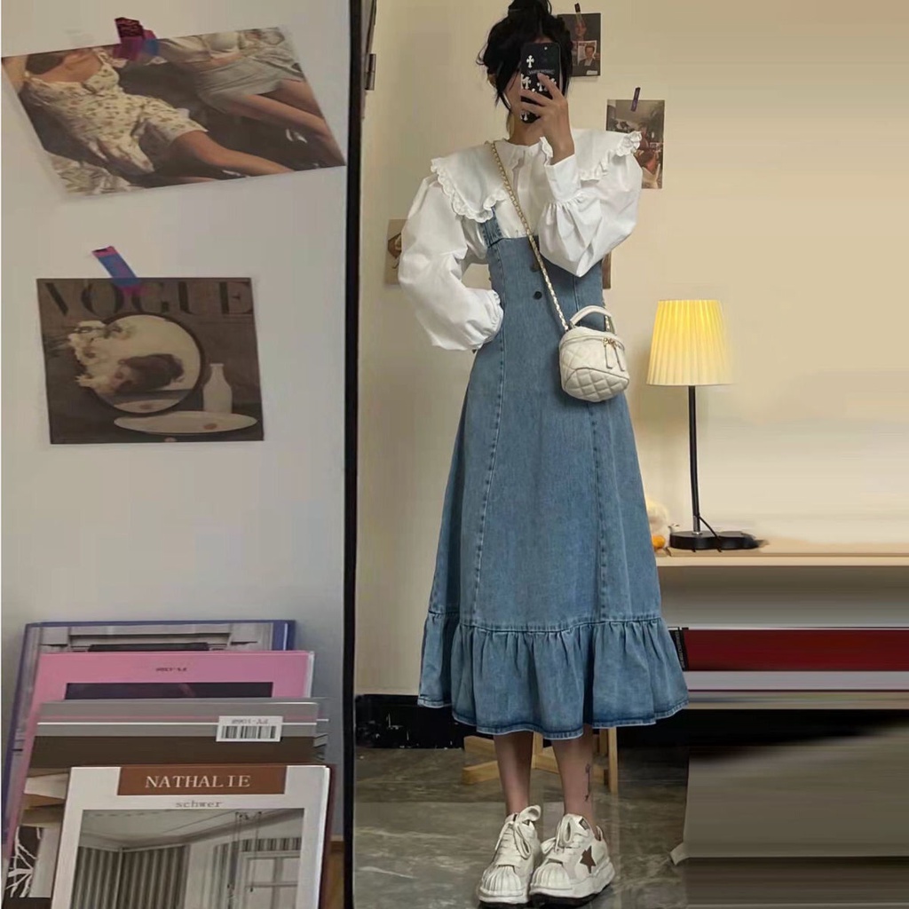 Set Áo Thun Ngắn Tay + Chân Váy Yếm denim Đuôi Cá Thời Trang Nữ
