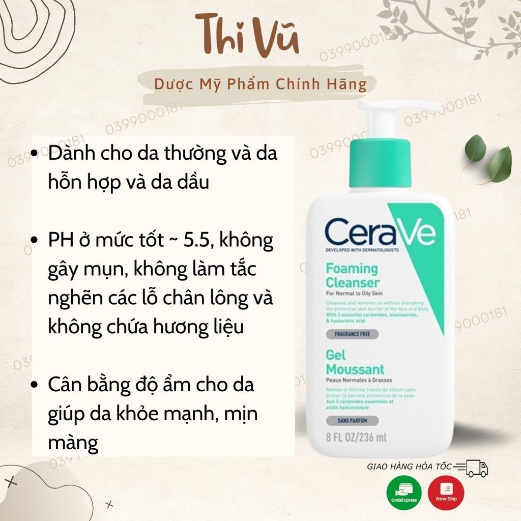 Sữa rửa mặt Cerave cho da dầu da khô ngừa mụn ẩn nhạy cảm dịu nhẹ - Thi Vũ