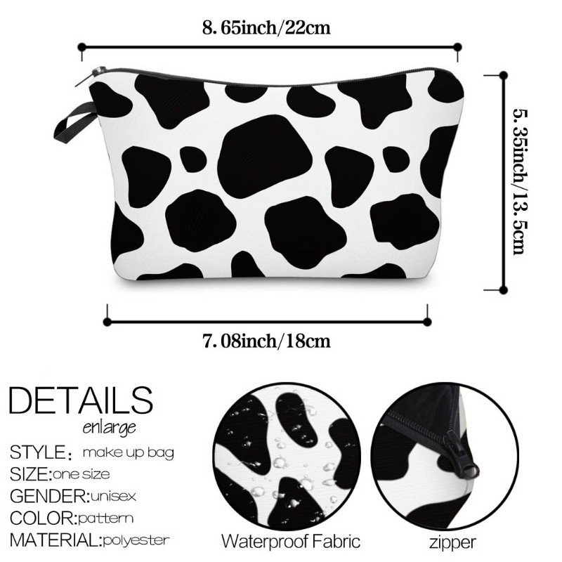 Túi đựng mỹ phẩm trang điểm chống thấm nước có dây kéo họa tiết bò sữa dễ thương