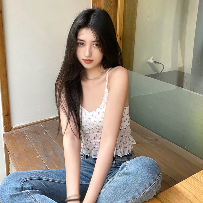 Áo Hai Dây Hở Lưng Có Mút Đệm Ngực Phối Ren Hoa Nữ Tính