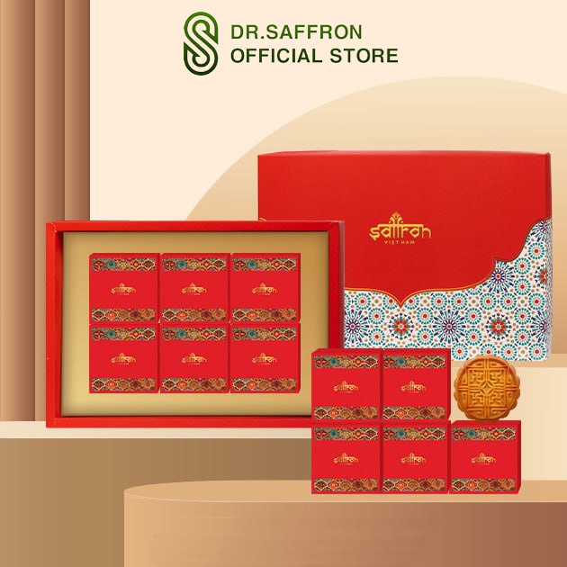 Hộp bánh trung thu MAHDI Saffron gồm 6 bánh (thập cẩm, đậu xanh, sầu riêng, sen nhuyễn, trà xanh,dừa)
