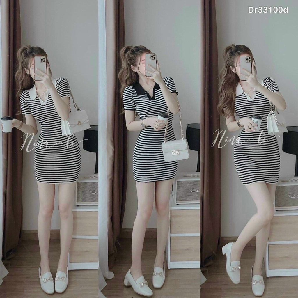 Váy đầm nữ cổ sơ mi dáng ôm họa tiết kẻ sọc