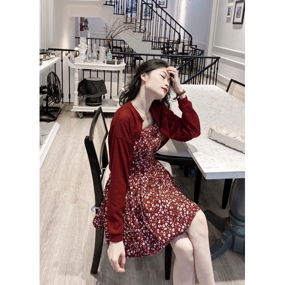 Set váy hoa 2 dây+ áo cadigan