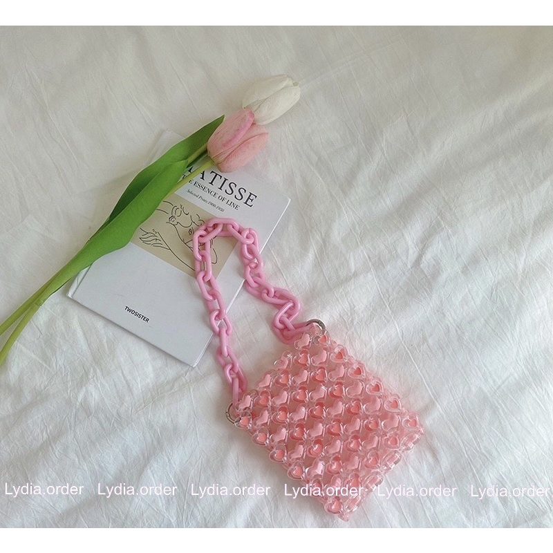 Túi xách hạt acrylic trái tim màu hồng TỰ LÀM