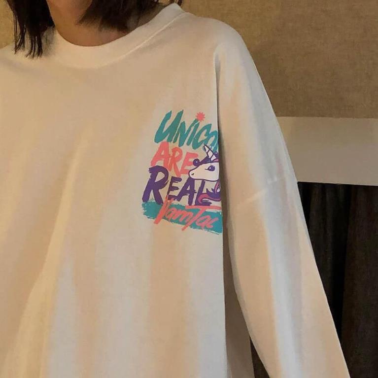 Áo phông TAY DÀI nữ ULZZANG freesize thun form rộng dáng unisex mặc cặp, nhóm, lớp in chữ UNICORN MÀU TRẮNG *