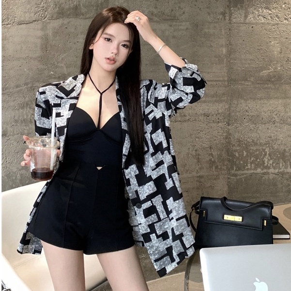 Bộ Áo Khoác Vest Tay Dài In Họa Tiết Caro + Đầm Hai Dây Màu Đen Co Giãn Phong Cách Hàn Quốc Thời Trang Cho Nữ