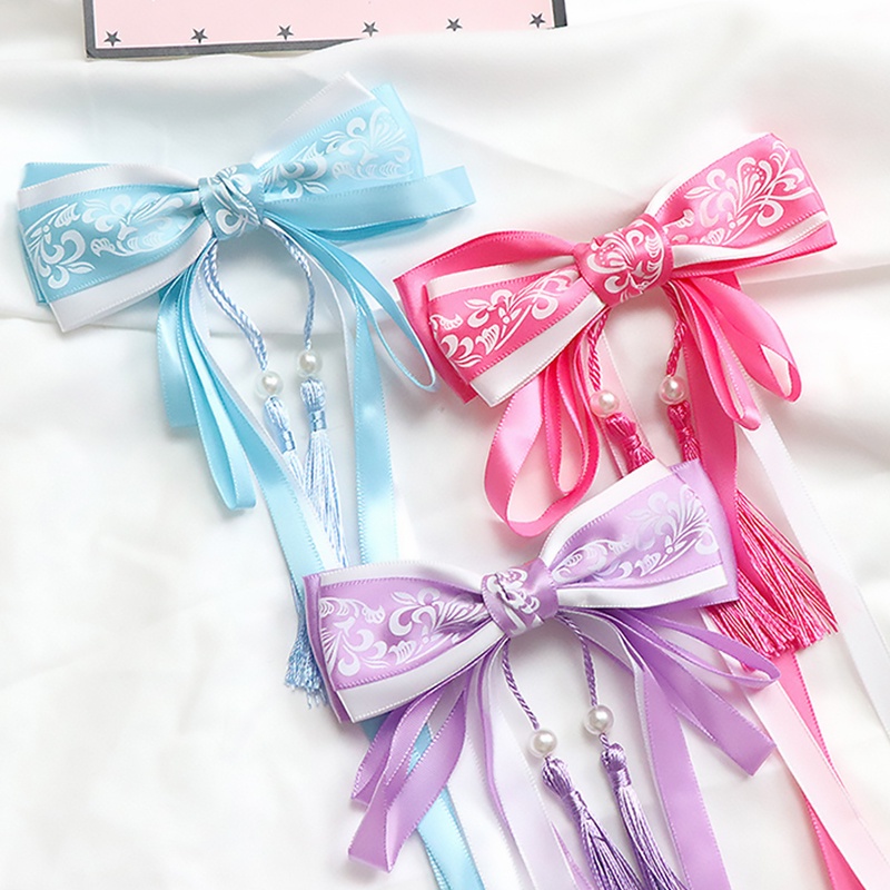 Dây Cột Tóc Nơ Ruy Băng Sứ Trắng Xanh AKKU