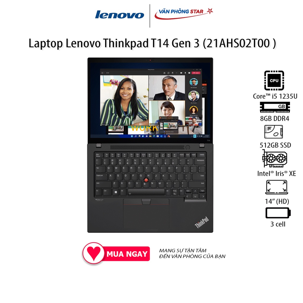Laptop Lenovo Thinkpad T14 Gen 3 (21AHS02T00) (i5 1235U/8GB RAM/ 256GB SSD/14 WUXGA /Dos/Đen)