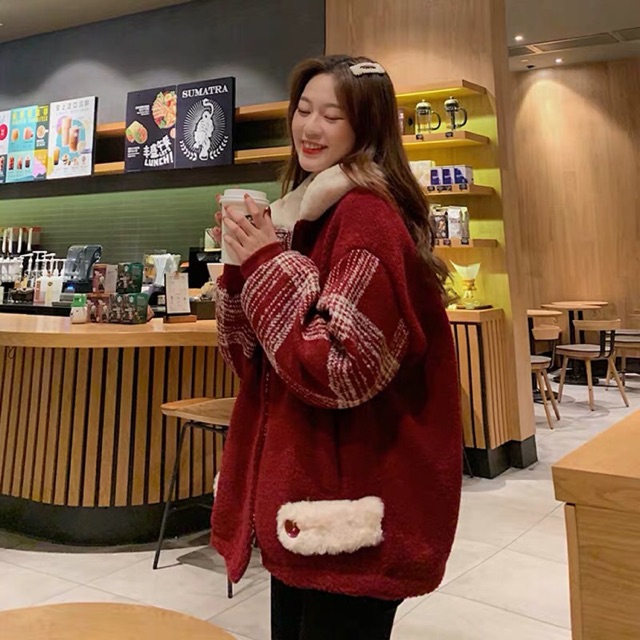 Áo khoác bông đỏ cổ lông siêu ấm