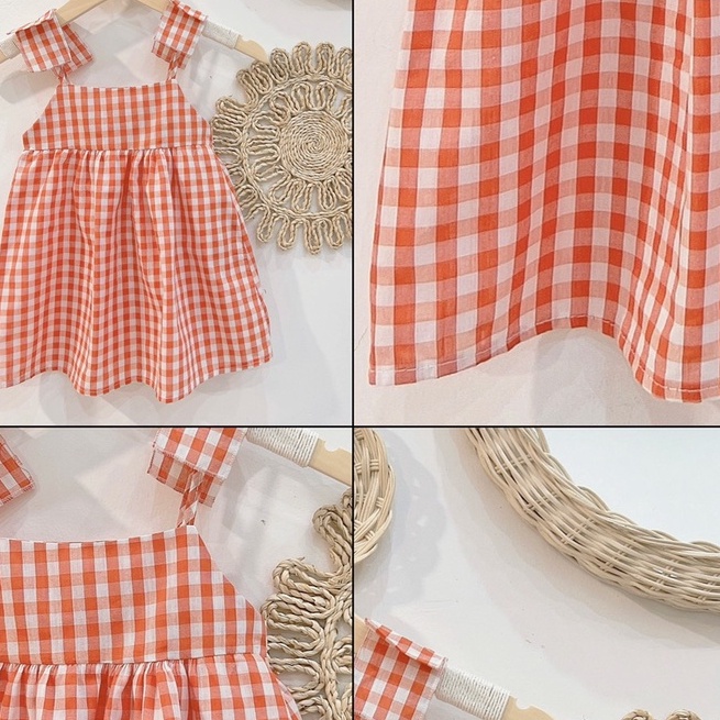VAY55 - Váy bé gái, Váy xòe 2 dây, chất đũi thô, váy kẻ màu cam cho bé từ 10-20kg