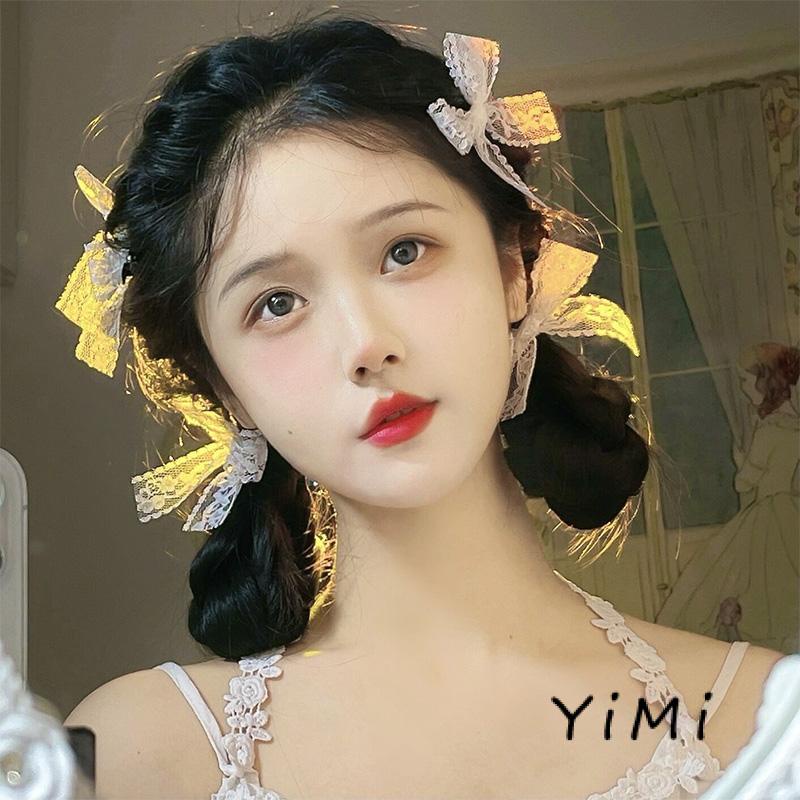 Kẹp tóc thắt nơ bằng vải ren màu trắng đơn giản dễ thương dành cho nữ