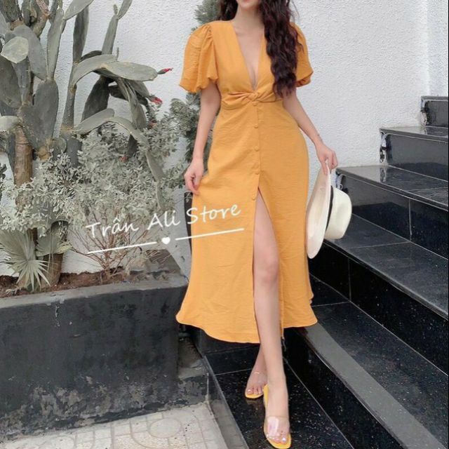 SALE Đầm đũi dài SEXY cổ V sâu, dáng xoè, tay bo phồng ĐI TIỆC sự kiện ĐI CHƠI đi biển DẠO PHỐ HẸN HÒ CÀ PHÊ