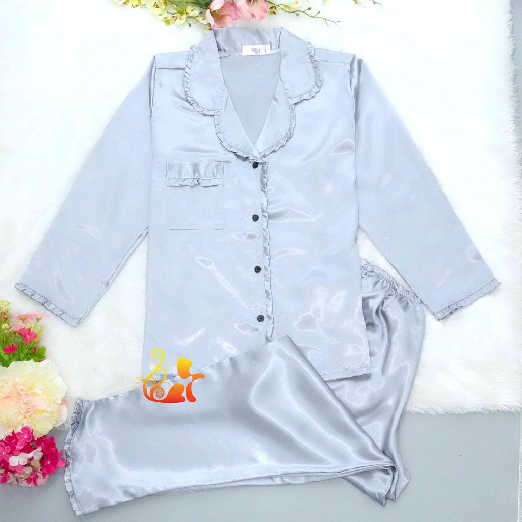 Đồ Bộ Mặc Nhà Pijama Phi Lụa " Viền Bèo " Tay Dài Cao Cấp - Dưới 60kg. | BigBuy360 - bigbuy360.vn