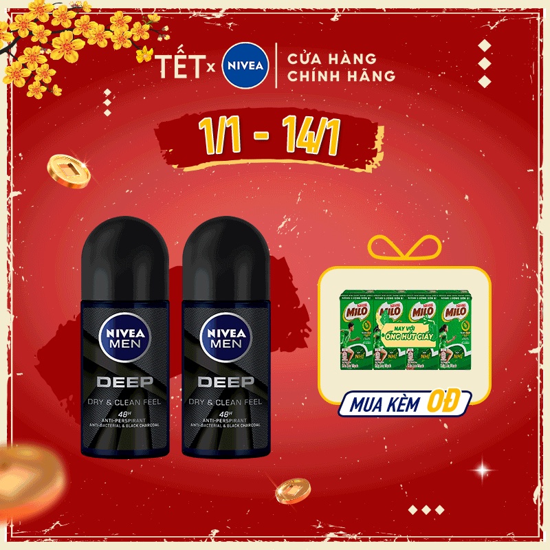 Bộ đôi Lăn ngăn mùi NIVEA MEN Deep than đen hoạt tính (50ml/chai) 80031