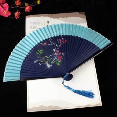 Quạt cổ trang dây tuyến viền đỏ xanh trắng đen cầm tay phong cách cổ đại trung quốc
