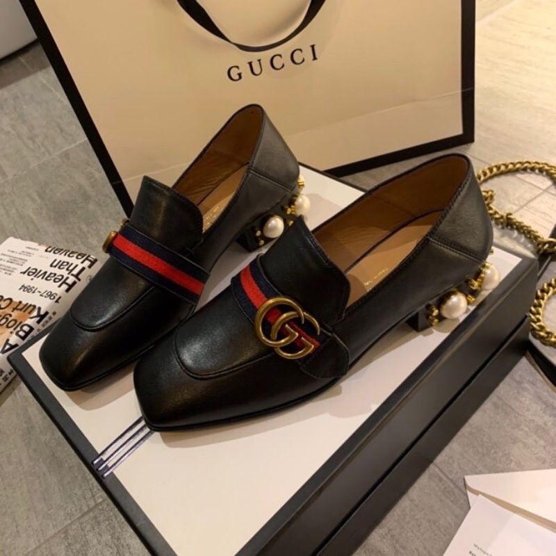 giày loafer nữ da thật mũi vuông quai logo GG đế 2cm đính hạt ngọc Gucci GC