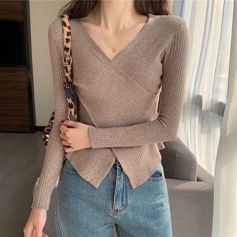 Áo Thu Đông Vạt Chéo | Áo Len Tăm cổ chữ V cách điệu dài tay phong cách hàn quốc dành cho nữ