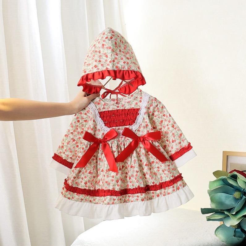 Váy hoa phong cách Lolita cho bé gái tặng kèm mũ bèo tiểu thư cho bé diện thôi nôi, chụp ảnh