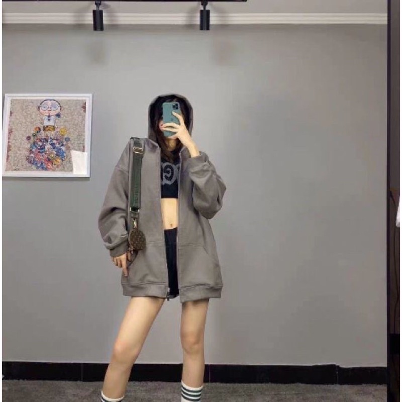 Áo Khoác Nỉ Hoodie Ghi Trơn Nữ [FREESHIP] 🌸 Jacket form rộng tay bồng, sweater mùa đông bánh bèo Ulzzang 🌸 | BigBuy360 - bigbuy360.vn