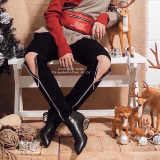 Quần jean nam rách gối có zip 2 bên