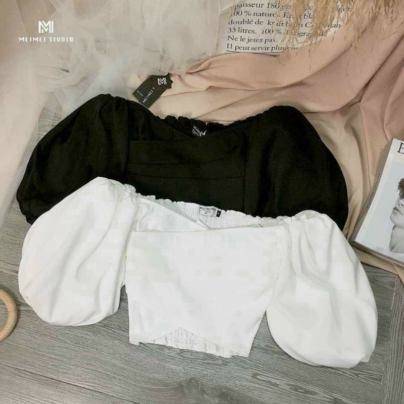 Áo tiểu thư cổ chéo tay bồng nhún sau