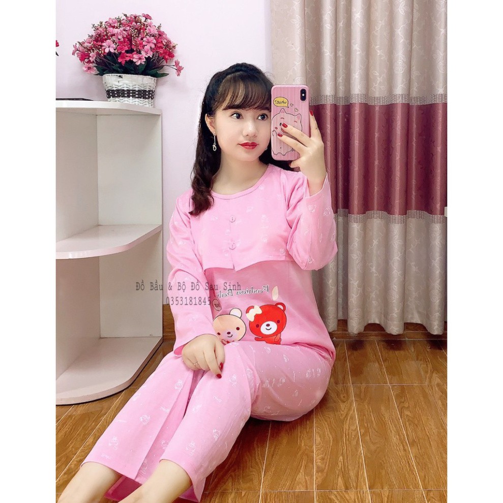 A1S [SIÊU RẺ] Bộ đồ bầu sau sinh mặc nhà con Gấu cotton dài tay, chất mát thoáng 4 T28