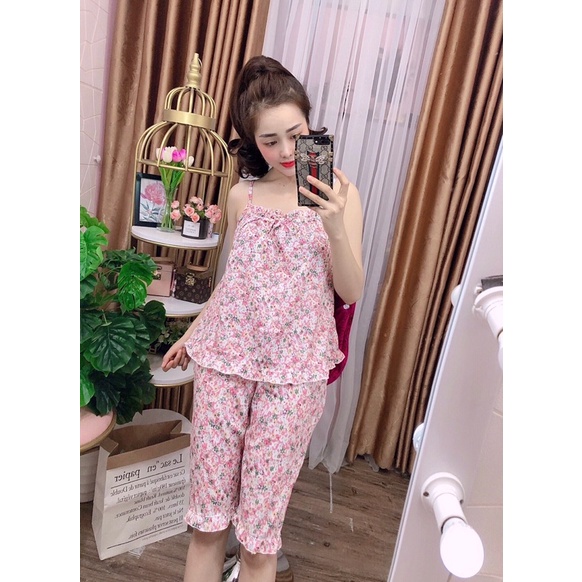 Đồ bộ lụa lững 2 dây viền bèo mặc nhà mát